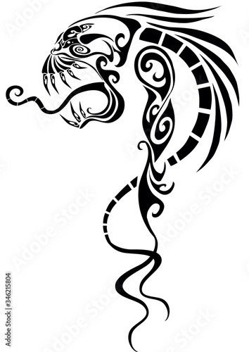 stylized totem in the form of the head of a fictional animal dragon or predator, logo, isolated object on a white background, vector illustration,