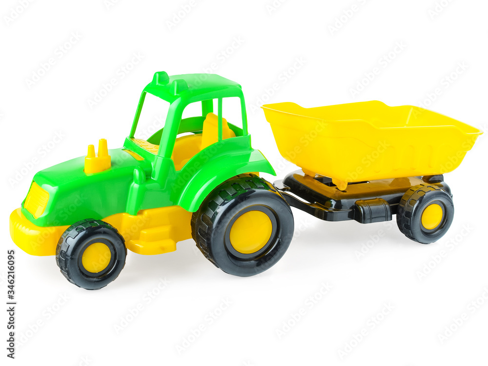 Children's plastic truck on a white background, close-up. Bright, colorful, toy car for playing with children. Educational games for children. Toy catalog for a designer or website Children's plastic truck on a white background, close-up. Bright, colorful, toy car for playing with children. Educational games for children. Toy catalog for a designer or website