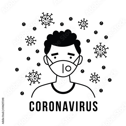 Man in protective medical face masks. Concept of disease, sickness, alergies, pollution, coronavirus, COVID-19, 2019-nCoV. Influenza, flu, hay fever prevention. Vector illustration.