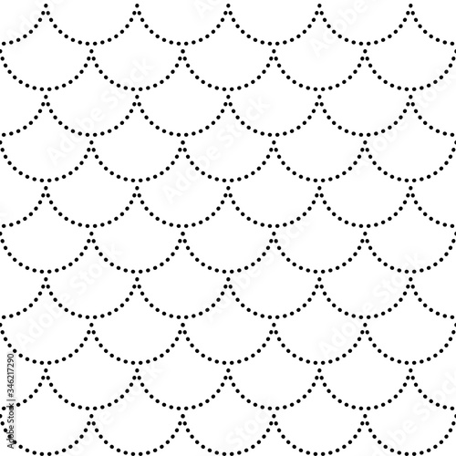Seamless wavy pattern with geometrical dot. Fish, mermaid, dragon, snake scales. Tail scale seamless pattern. Black and white minimal background. Kids abstract texture.