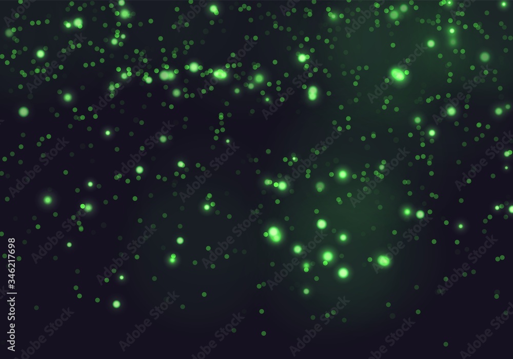 Green bokeh light background. Sparkle effect with particles. Magic overlay dust. Glitter blur texture.