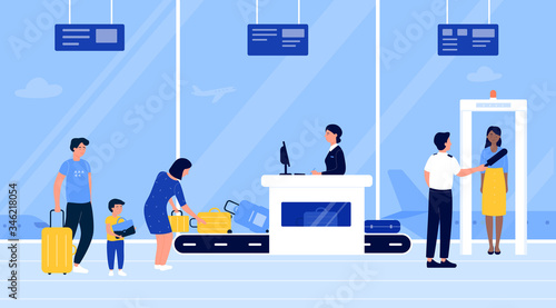 People in airport security check vector illustration. Cartoon flat passengers put luggage baggage on conveyor belt machine, go through scanner checkpoint gate. Airline terminal interior background