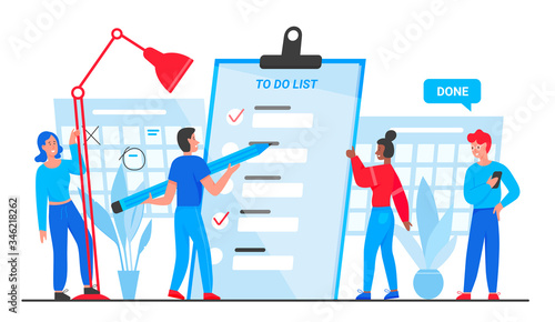 To do list, goals complete concept vector illustration. Cartoon flat tiny people group planning, standing near checklist planner paper document, marking completed business tasks isolated on white