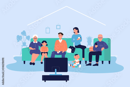 Happy big family at home vector illustration. Cartoon flat adult characters and children sitting on sofa together and watching TV news or movie in living room. Family relax in evening time background