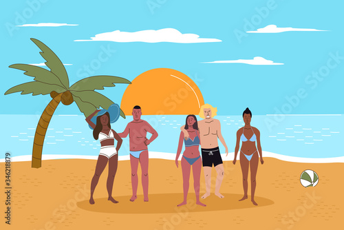 Multiracial people friends on beach at sunset flat vector illustration. Happy young couples relax, parents stand together. Coconut palm, calm sea. Vacation time together.