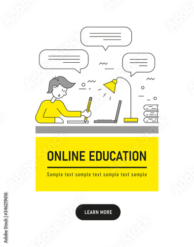 Young male student using laptop and  writing notes. Learning language, watching online webinar, e-learning education concept. Schoolboy studying at home and doing homework in thin line style