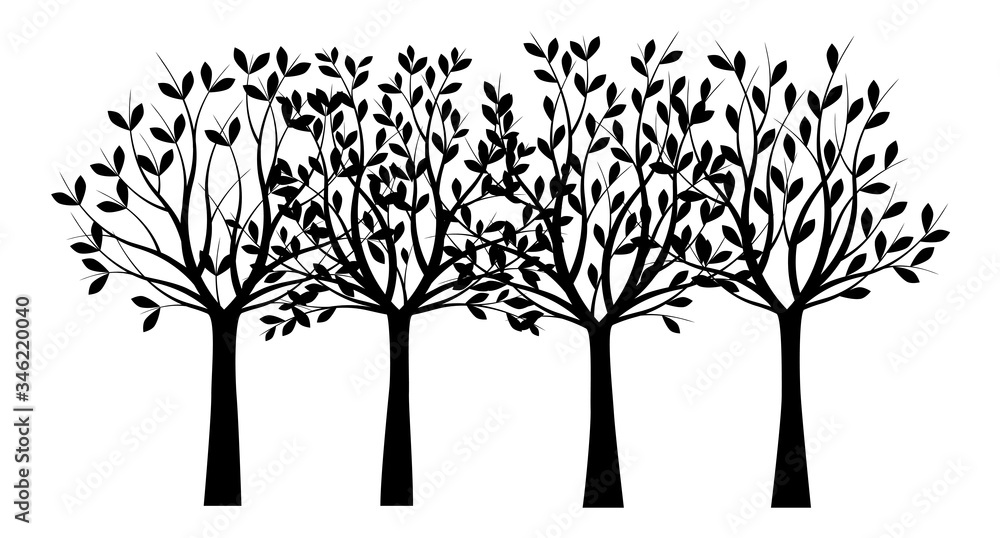 Fototapeta premium Group of black Trees with Leaves. Vector outline Illustration. Outline Tree, Plants in Garden.