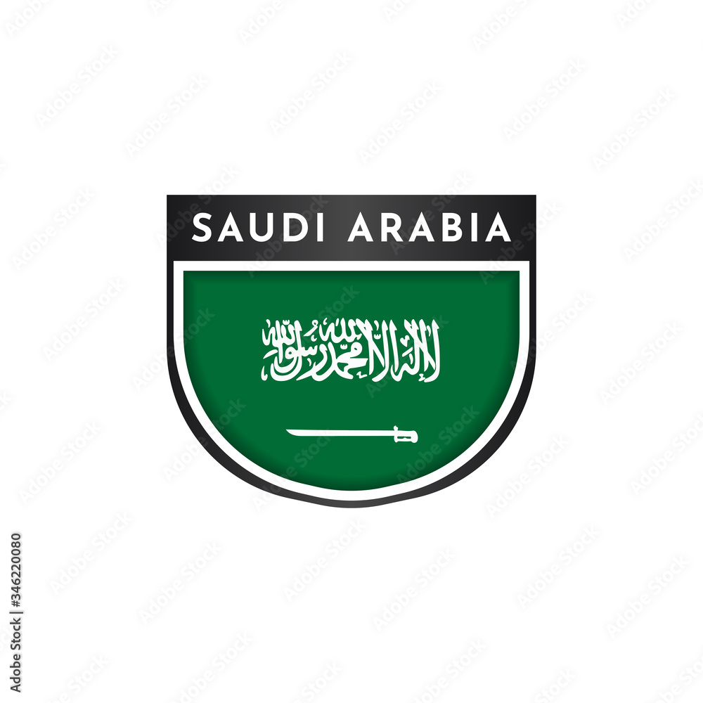 Flag of Saudi Arabia with emblem badge labels illustration template design Flag of Saudi Arabia with emblem badge labels illustration template design