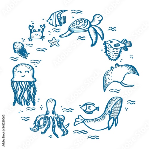 World Oceans day frame with ocean animals isolated. Lettering hand drawn text. Greeting card for Ocean day celebration. Vector outline illustration.