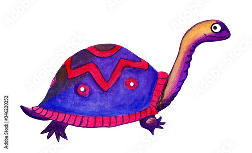 Pensive turtle with an indigo blue and red shell. Cartoon character is thinking or hesitate to do something. Think first, then do. Hand drawn watercolor illustration isolated on a white background.
