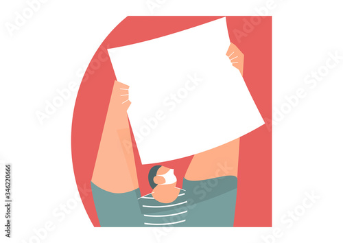 A man in a protective mask holding a large sheet of paper. Flat vector design with copy space.