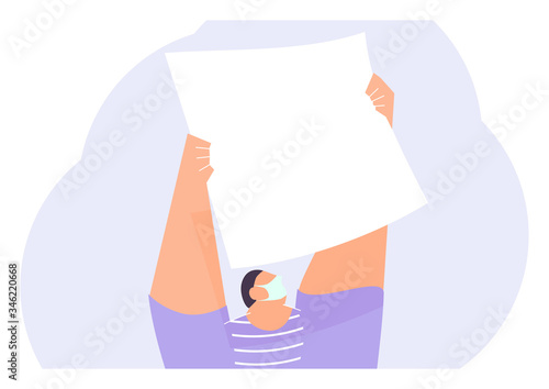 A man in a protective mask holding a large sheet of paper. Flat vector design with copy space.
