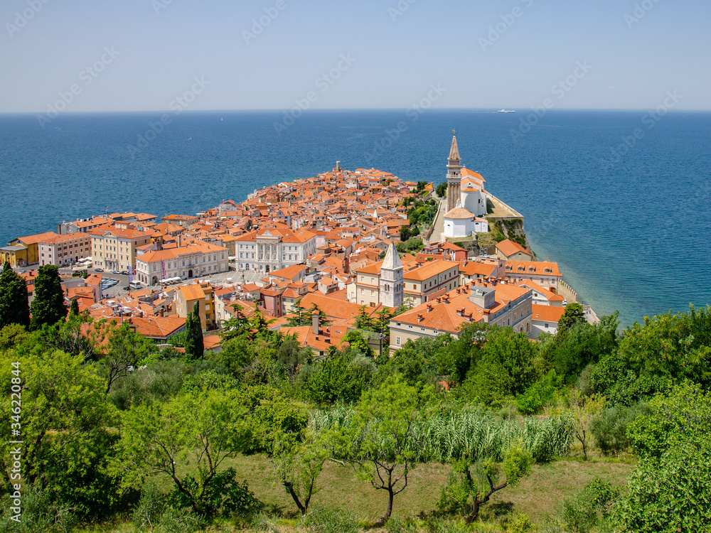 Green. Orange. Blue. View to Piran Slovenia from the city walls
