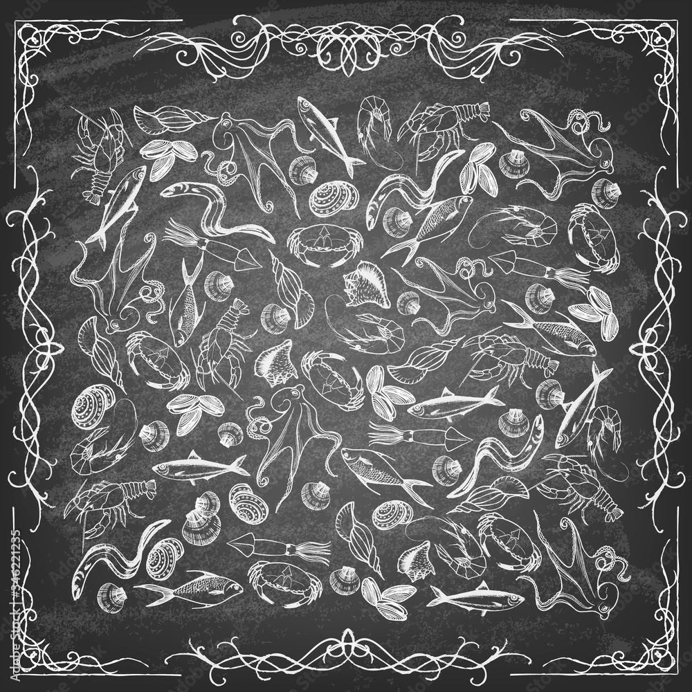 Fototapeta premium Set of hand drawn elements seafood on blackboard. Retro vintage style seafood design. Vector illustration.