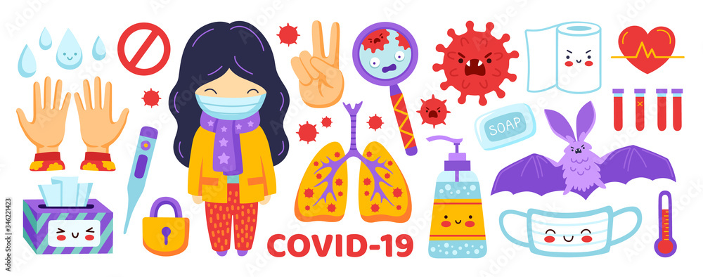 Coronavirus flat sticker set. Covid-19 elements collection. Girl in medical mask, sanitizer, lungs, thermometer, napkins, magnifier, toilet paper. Cartoon vector illustration. 