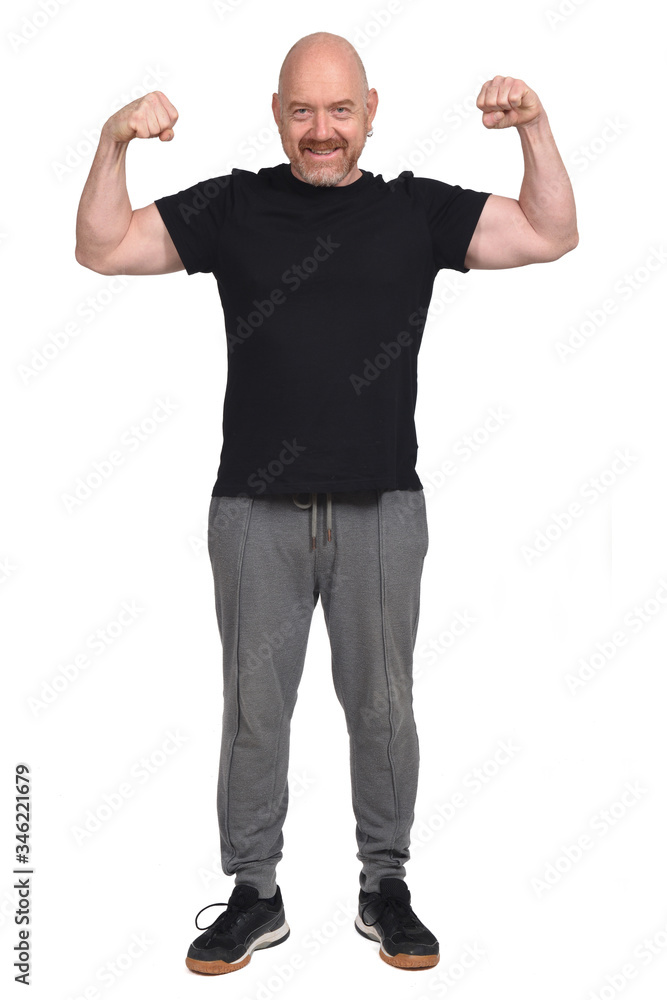middle-aged with biceps on white background middle-aged with biceps on white background