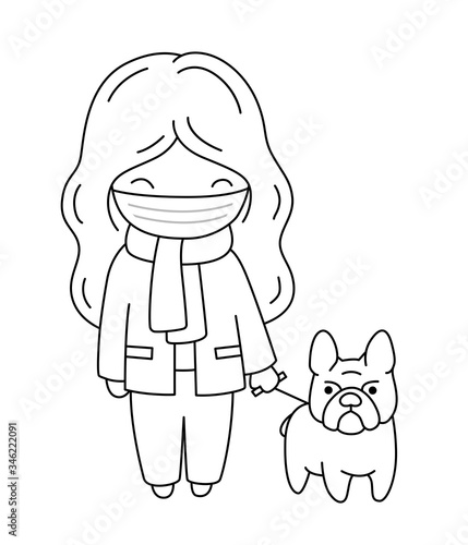 Girl in a medical mask walks with her bulldog during quarantine. Cartoon outline vector illustration.