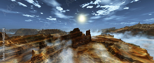 Panorama of an alien landscape, sunset on an alien planet, Titanium at sunrise, the surface of Titan at sunset, methane sea on an alien planet, 3D rendering