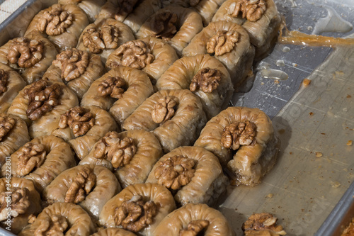 Burma baklava, turkish dessert sweet and traditional authentic specialty, baklava roll form