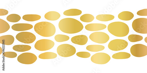 Metallic gold foil abstract seamless vector border organic cut out dot shapes. Elegant repeating pattern organic dot shapes collage. Use for card decor, home decor, party invitations