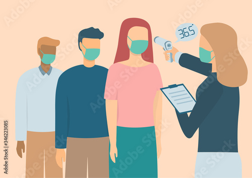 Digital medical infrared non-contact thermometer. For checking the temperature of people to scrub the patient coronavirus. Illustration about temperature checking COVID-19
