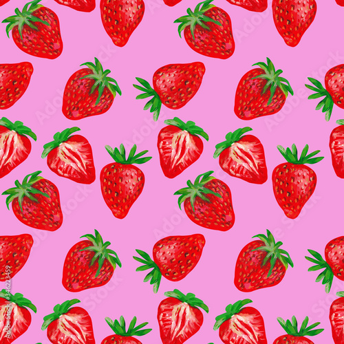 Fototapeta Naklejka Na Ścianę i Meble -  Strawberries with half on a pink background. Summer berry seamless pattern design for wallpaper, paper, fabric, textile. 