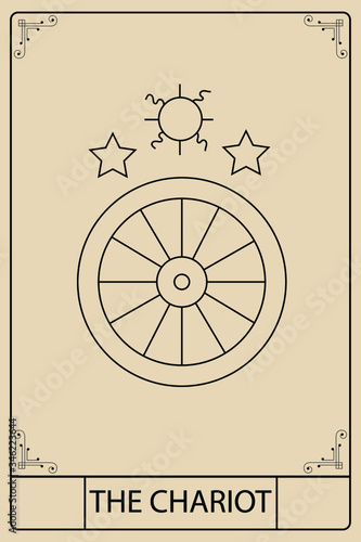 The Chariot. Tarot card, vintage color and minimalist drawing engraved illustration with mystic symbols. The Major Arcana.