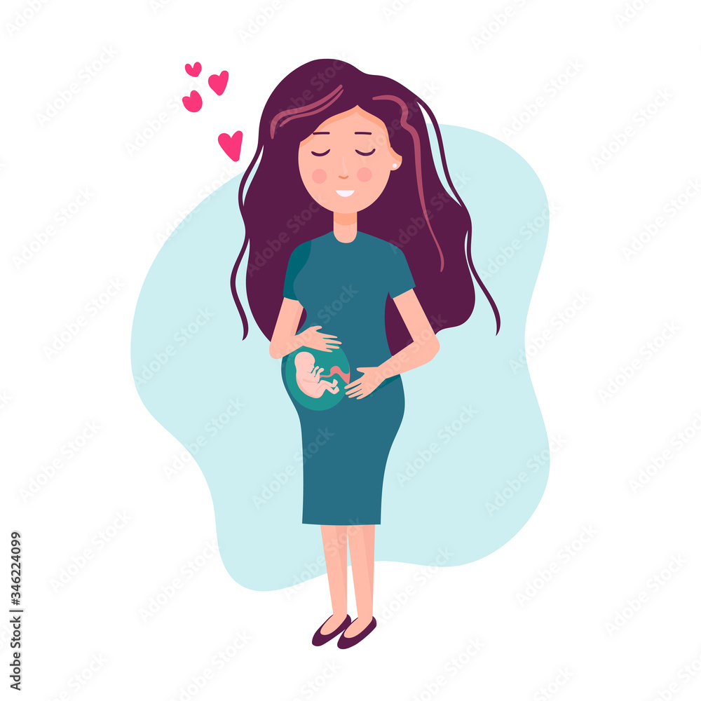 Pregnancy and maternity - young happy woman pregnant. the baby is visible in the stomach. Vector illustration in flat style. Pregnancy and maternity - young happy woman pregnant. the baby is visible in the stomach. Vector illustration in flat style.
