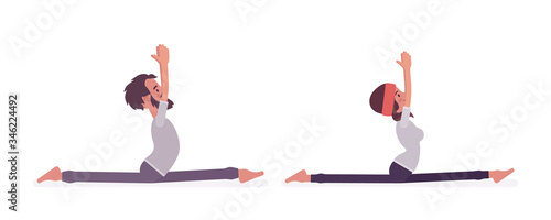 Young yogi man and woman in sports wear practicing yoga, partners doing Monkey God pose, Splits, Hanumanasana exercise, stress-free yogic practice. Vector flat style cartoon illustration