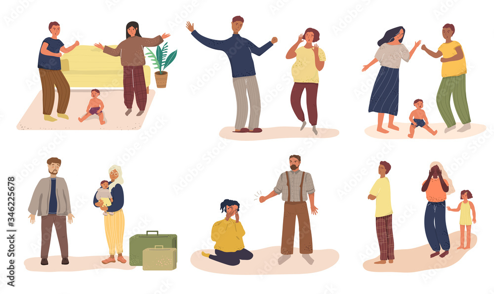 Scenes with family quarrels and screams. Spouses quarrel, swear, shout at each other and fight. Fighting couples or spouses. Home violence and misunderstanding. Cartoon flat vector illustration.