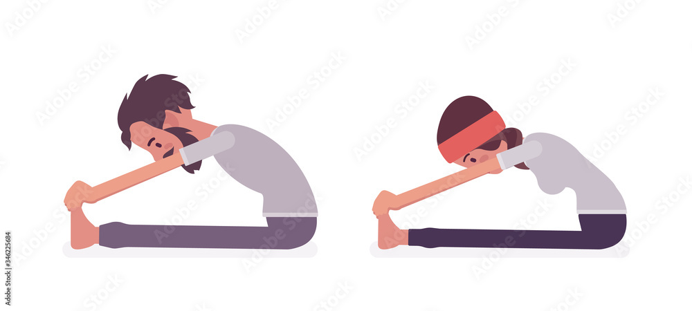 Young yogi man and woman in sports wear practicing yoga, partners doing Seated forward bend pose, paschimottanasana exercise, stress-free yogic practice. Vector flat style cartoon illustration Young yogi man and woman in sports wear practicing yoga, partners doing Seated forward bend pose, paschimottanasana exercise, stress-free yogic practice. Vector flat style cartoon illustration
