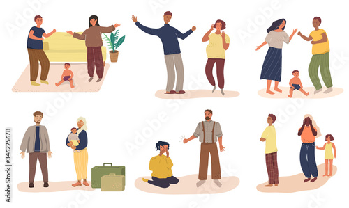 Scenes with family quarrels and screams. Spouses quarrel, swear, shout at each other and fight. Fighting couples or spouses. Home violence and misunderstanding. Cartoon flat vector illustration.