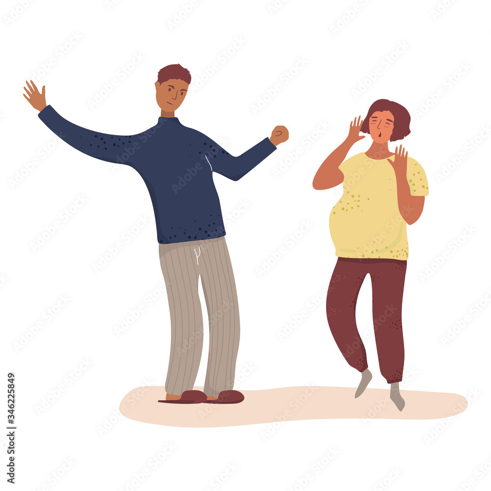 Husband beats pregnant wife flat vector illustration. Spouses quarrel, swear, shout at each other and fight. Home violence and misunderstanding.