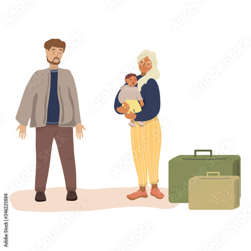 A wife with a child leaves her husband with things. Adultery. Breakup and divorce. Crying child. Flat vector illustration.