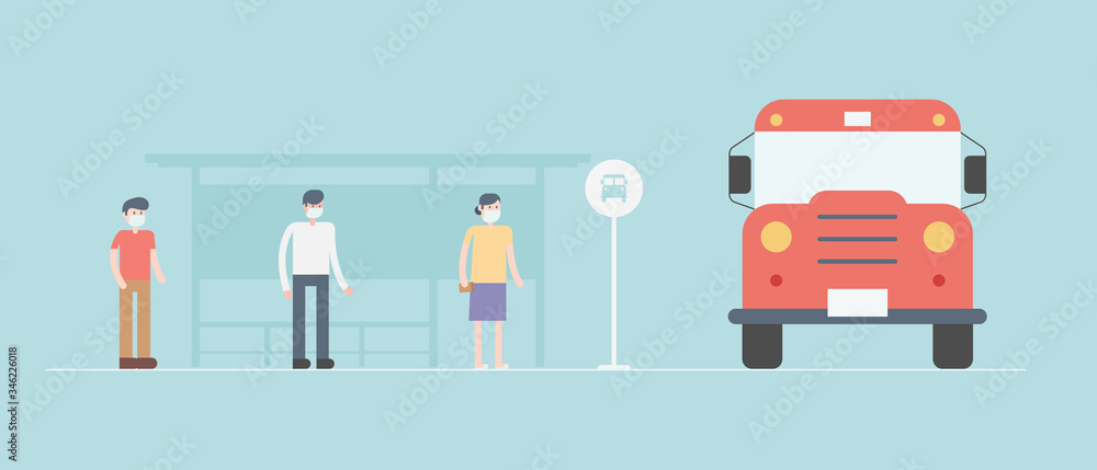 Social distancing concept. People make social distancing while waiting the bus. Social distancing to prevent from virus spreading. Social distancing concept. People make social distancing while waiting the bus. Social distancing to prevent from virus spreading.
