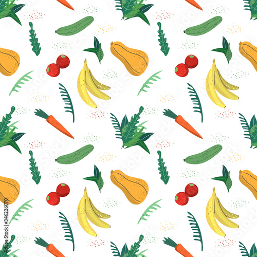 Seamless pattern with vegetables, fruits and herbs. The concept of proper nutrition and vegetarianism. Flat vector pattern in cartoon style.