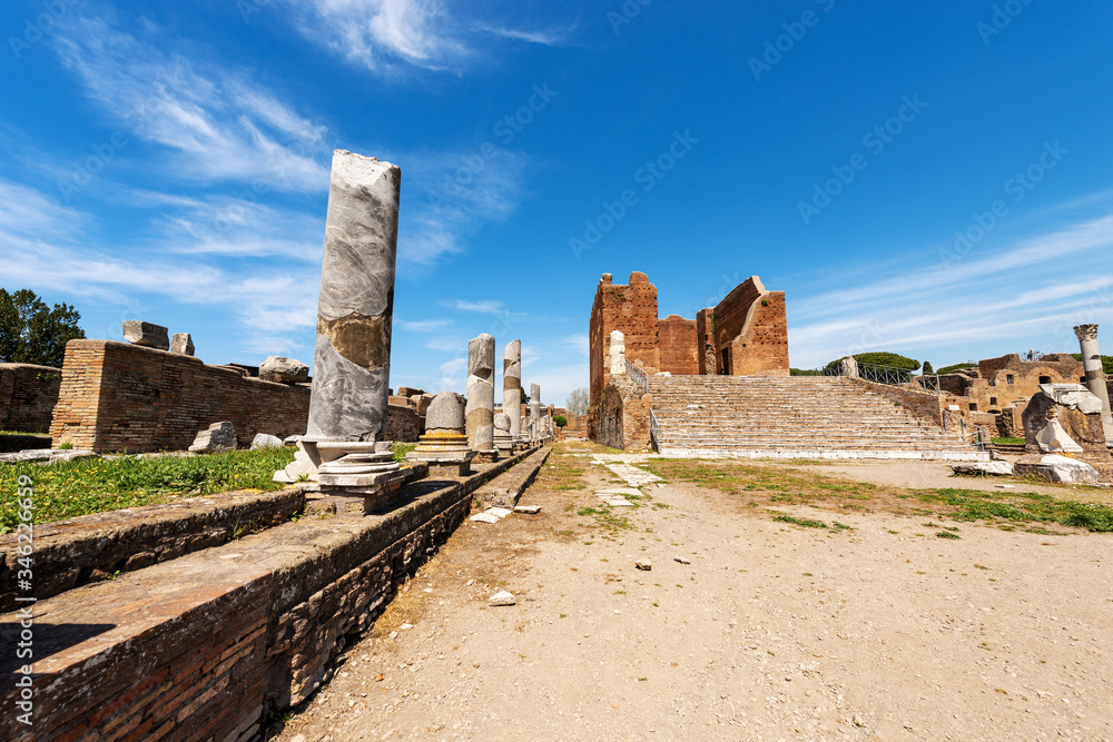Capitolium temple in Ostia Antica Archeological Site, dedicated to Jupiter, Juno and Minerva, Colony founded in the 7th century BC. near Rome, UNESCO world heritage site. Latium, Italy, Europe