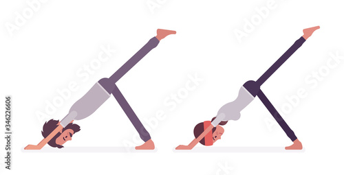 Young yogi man and woman in sports wear practicing yoga, partners doing downward facing dog pose, eka pada adho mukha svanasana exercise, yogic practice. Vector flat style cartoon illustration