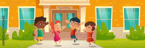 Happy children in front of school building. Back to school or holidays. Vector cartoon illustration of jumping group of kids, white girl, asian and black boys have fun