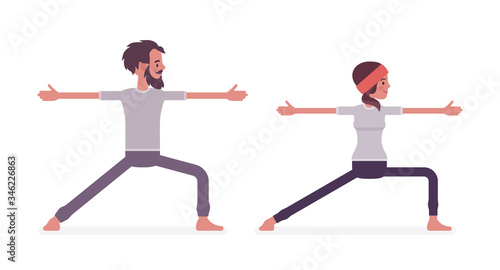 Young yogi man and woman in sports wear practicing yoga, partners doing Warrior two pose, Virabhadrasana 2 exercise, stress-free yogic practice. Vector flat style cartoon illustration