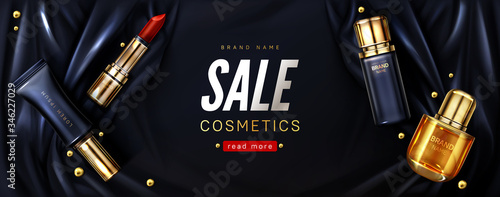 Sale banner with cosmetic products on black draped silk fabric. Vector realistic brand poster with luxury makeup and skincare products, lipstick and perfume bottle. Special offer promo background