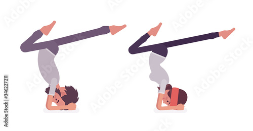 Young yogi man and woman in sports wear practicing yoga, partners doing Pincha Mayurasana pose, handstand exercise, stress-free yogic practice. Vector flat style cartoon illustration