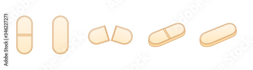 Flat style beige oval pills set isolated illustration. White background, vector.