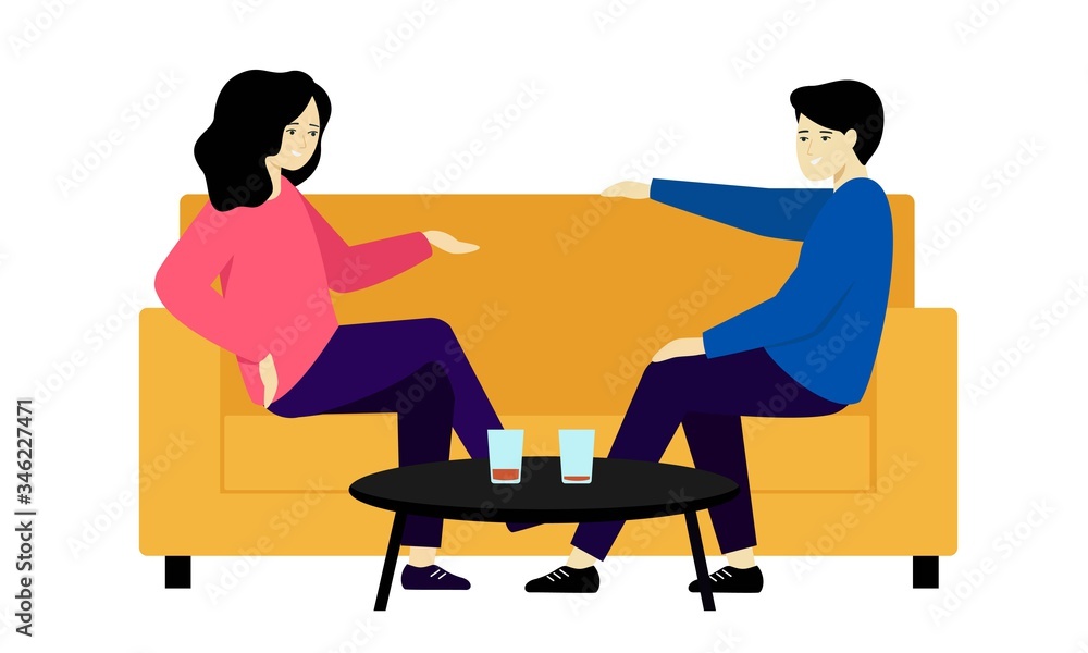 A man and a woman are talking and drinking. The guy and the girl are sitting on the couch and chatting. A man and a woman are talking and drinking. The guy and the girl are sitting on the couch and chatting.