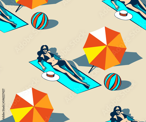 Seamless summer beach pattern. Hello Summer, holiday concept. Pop art. Summer holiday. Vector seamless pattern illustration