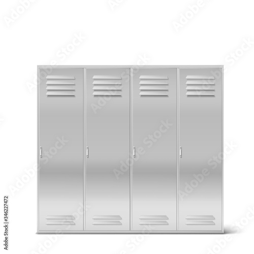 Steel lockers, vector school or gym changing room metal cabinets. Row of grey storage furniture with closed doors in college, university, office isolated on white background, Realistic 3d illustration