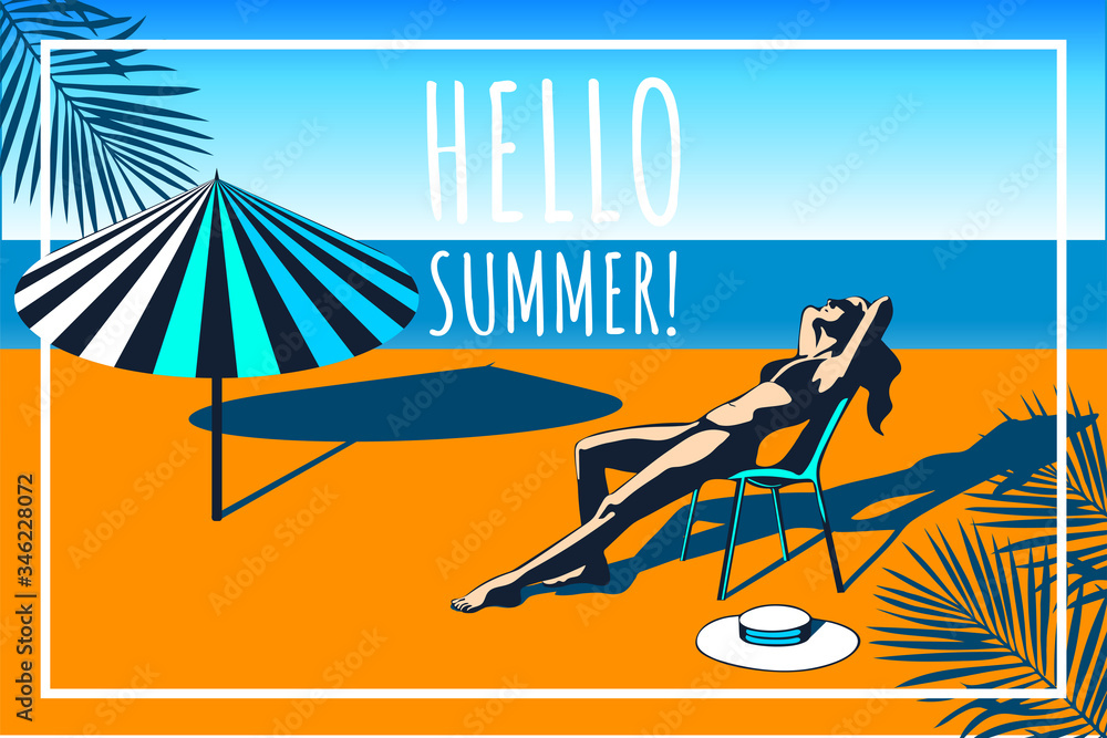 Obraz premium Beautiful woman tanning, with sunglasses, hat, at the beach, retro style. Pop art. Summer holiday. Vector seamless pattern illustration