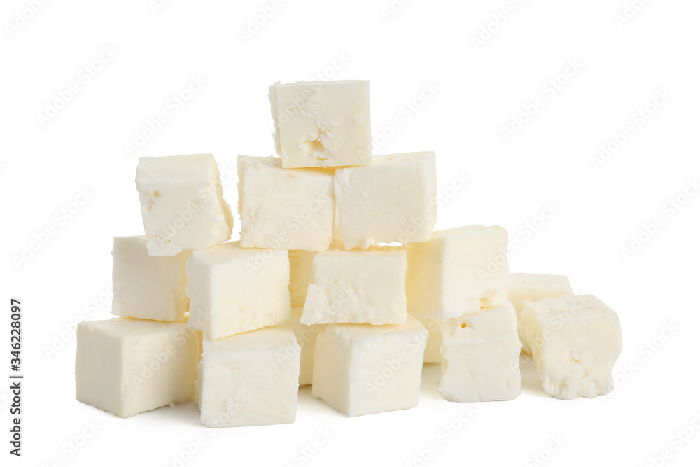 Tasty cut feta cheese on white background Tasty cut feta cheese on white background