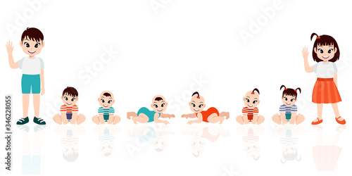 Baby girl and boy in row. Set of child health and development icons in line. Scale of baby growth from newborn to toddler. Cartoon character with flat icon vector color illustration