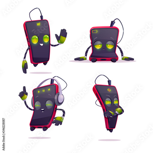 Cute smartphone character in different poses. Vector set of cartoon chat bot, funny mobile phone greeting, sad with low charge, sulking angry and listening to music on headphones isolated on white